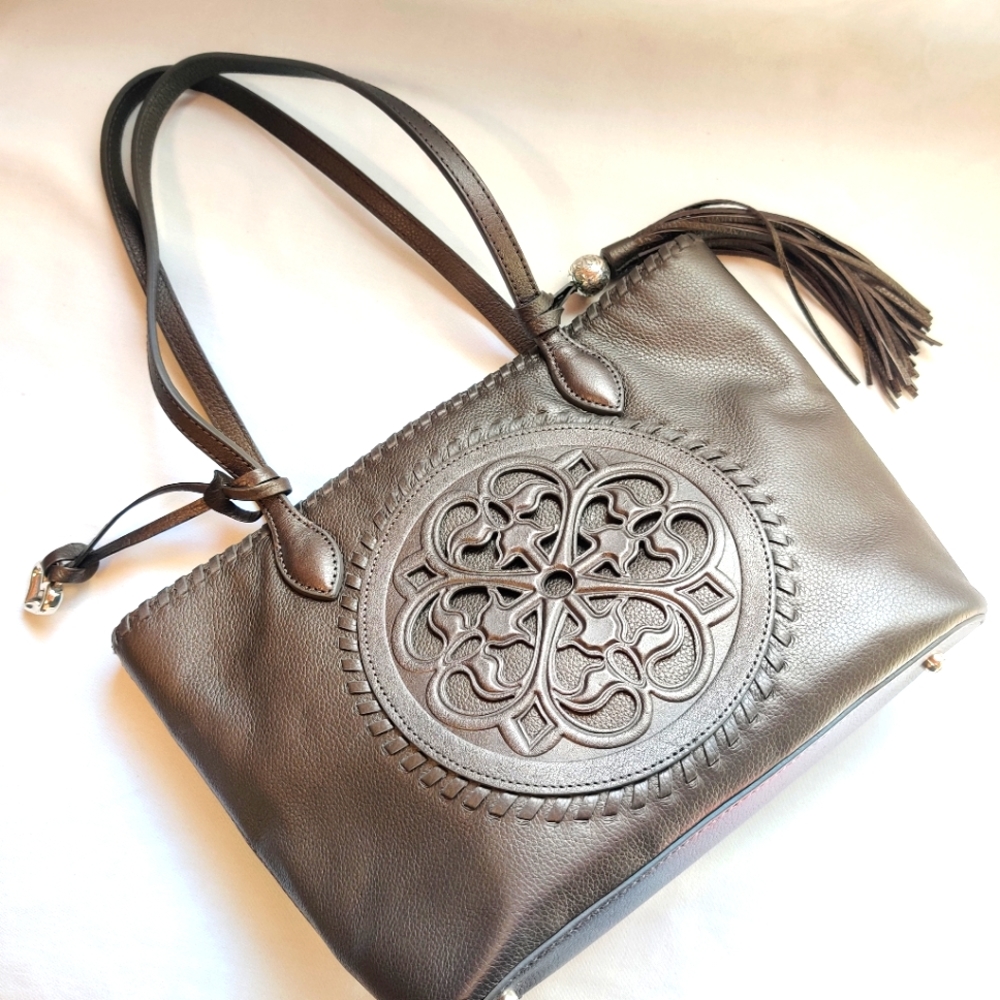 Brighton Leather Gabriella Medallion Tote Bag Retired Design Rare Pewter - Picture 2 of 10
